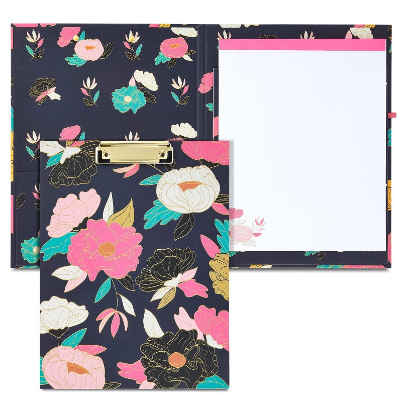 Paper Junkie Floral Clipboard Folder with Notepad & Storage - 13 x 9 in, Black Classic - Low-Profile Clip â€“ Interior Pocket & Pen Loop - Removable Letter-Size Notepad - Image 1